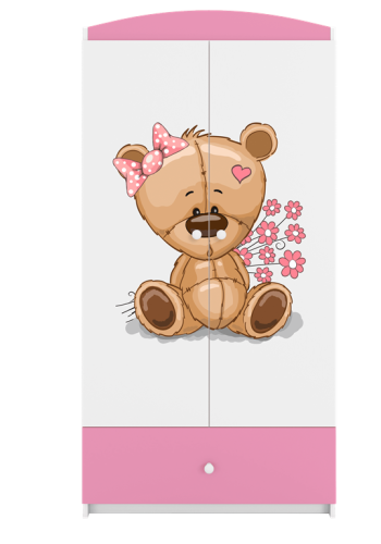 Babydreams garderobeskab til brn m. bamse m. blomster, m. 2 lger, 1 skuffe - hvid/lyserd laminat