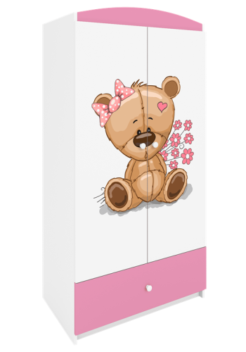 Babydreams garderobeskab til brn m. bamse m. blomster, m. 2 lger, 1 skuffe - hvid/lyserd laminat