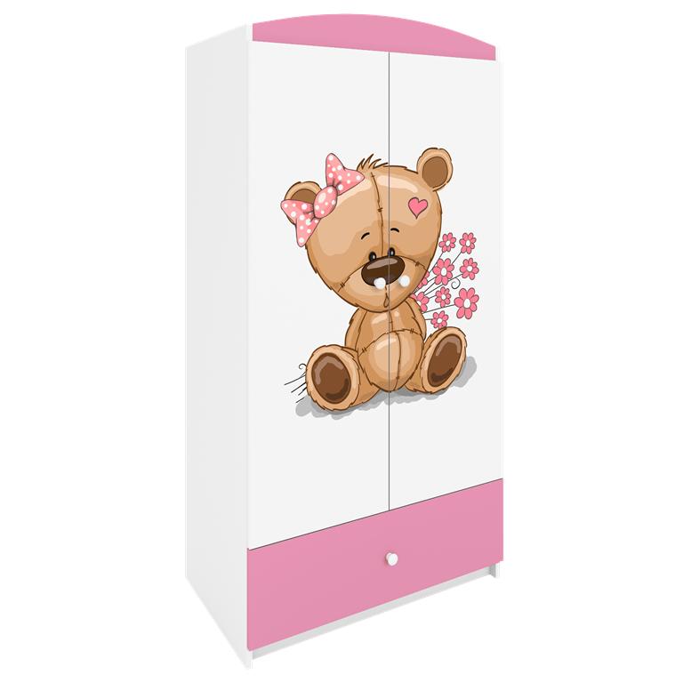 Babydreams garderobeskab til brn m. bamse m. blomster, m. 2 lger, 1 skuffe - hvid/lyserd laminat