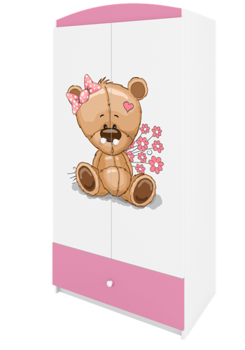 Babydreams garderobeskab til brn m. bamse m. blomster, m. 2 lger, 1 skuffe - hvid/lyserd laminat