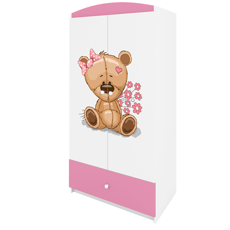 Babydreams garderobeskab til brn m. bamse m. blomster, m. 2 lger, 1 skuffe - hvid/lyserd laminat