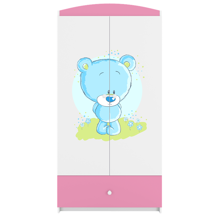 Babydreams garderobeskab til brn med bl bamse, m. 2 lger, 1 skuffe - hvid og lyserd laminat