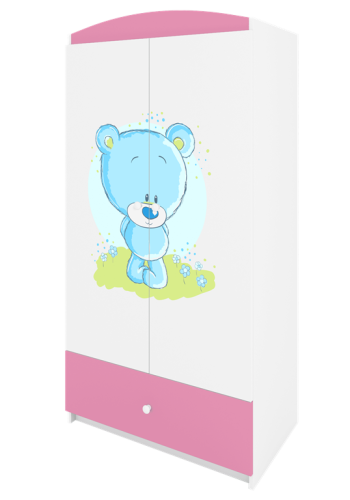 Babydreams garderobeskab til brn med bl bamse, m. 2 lger, 1 skuffe - hvid og lyserd laminat