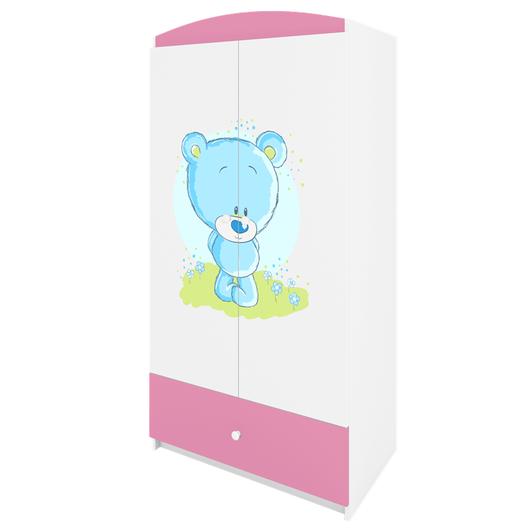 Babydreams garderobeskab til brn med bl bamse, m. 2 lger, 1 skuffe - hvid og lyserd laminat