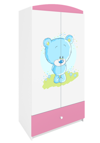 Babydreams garderobeskab til brn med bl bamse, m. 2 lger, 1 skuffe - hvid og lyserd laminat