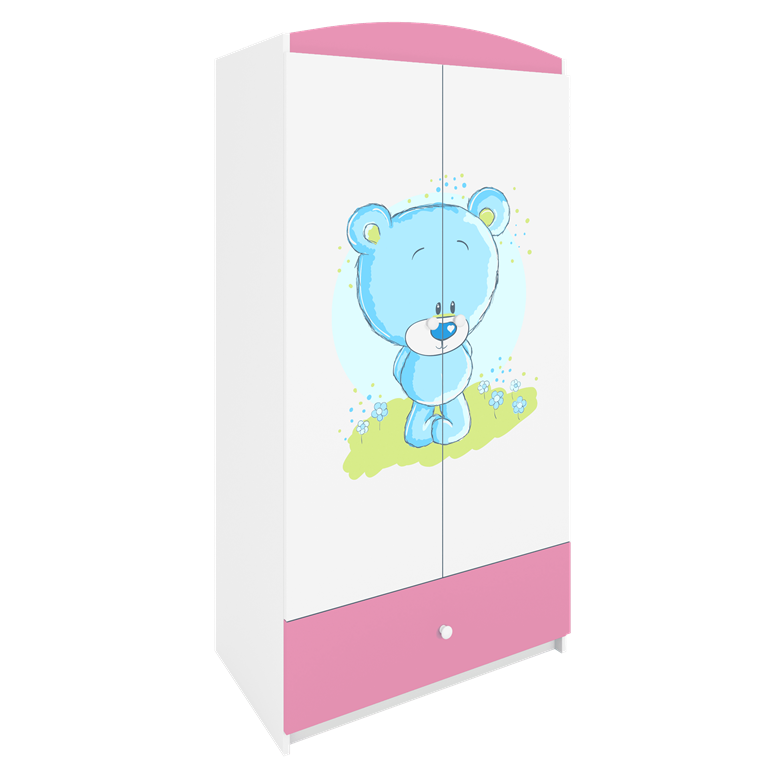 Babydreams garderobeskab til brn med bl bamse, m. 2 lger, 1 skuffe - hvid og lyserd laminat