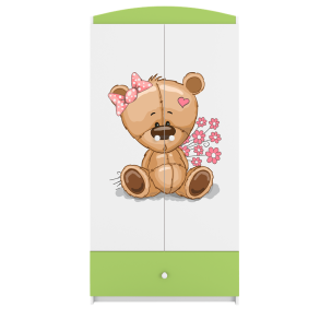 Babydreams garderobeskab til brn med bamse med blomster , m. 2 lger, 1 skuffe - hvid/grn laminat
