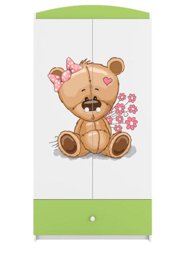 Babydreams garderobeskab til brn med bamse med blomster , m. 2 lger, 1 skuffe - hvid/grn laminat