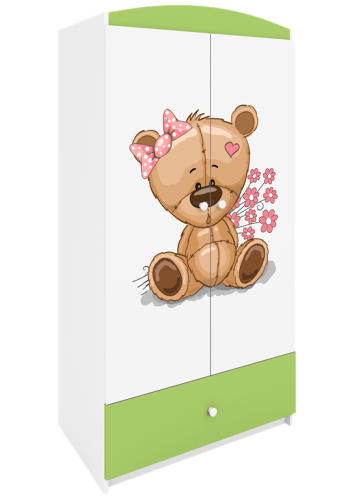 Babydreams garderobeskab til brn med bamse med blomster , m. 2 lger, 1 skuffe - hvid/grn laminat