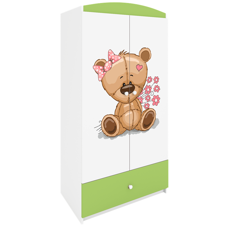 Babydreams garderobeskab til brn med bamse med blomster , m. 2 lger, 1 skuffe - hvid/grn laminat