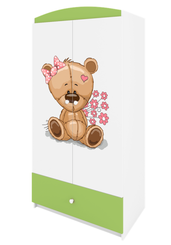 Babydreams garderobeskab til brn med bamse med blomster , m. 2 lger, 1 skuffe - hvid/grn laminat