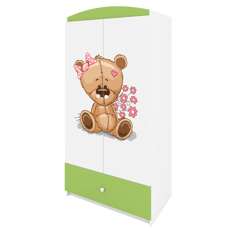 Babydreams garderobeskab til brn med bamse med blomster , m. 2 lger, 1 skuffe - hvid/grn laminat