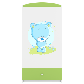 Babydreams garderobeskab til brn med bl bamse , m. 2 lger, 1 skuffe - hvid og grn laminat