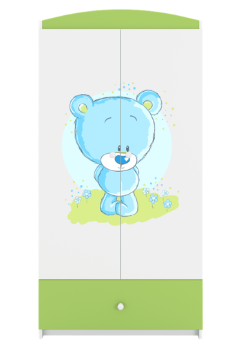 Babydreams garderobeskab til brn med bl bamse , m. 2 lger, 1 skuffe - hvid og grn laminat