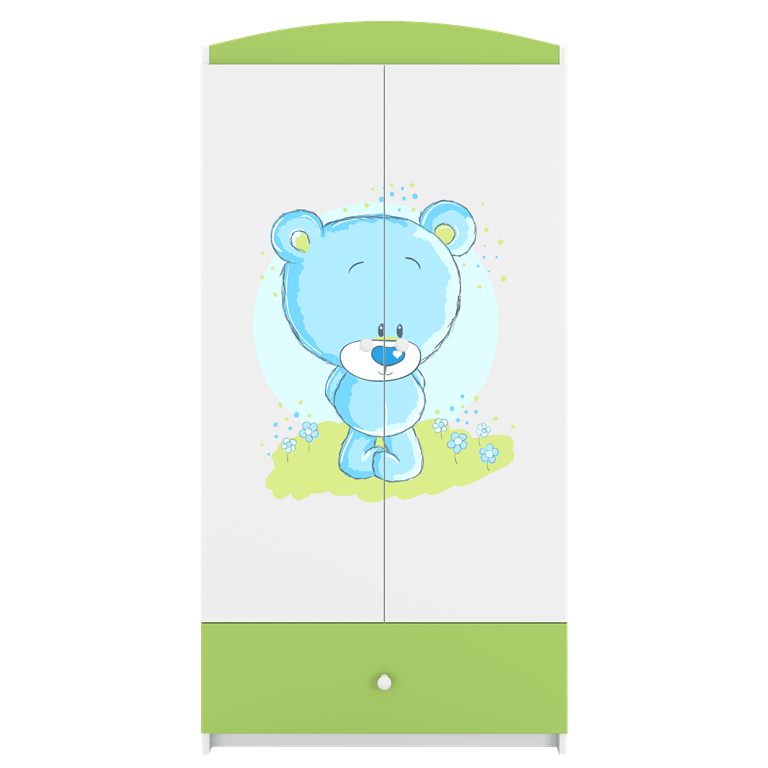 Babydreams garderobeskab til brn med bl bamse , m. 2 lger, 1 skuffe - hvid og grn laminat