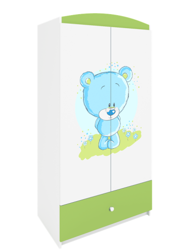 Babydreams garderobeskab til brn med bl bamse , m. 2 lger, 1 skuffe - hvid og grn laminat