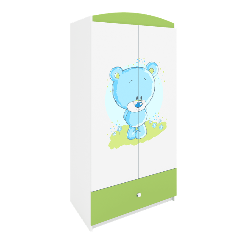 Babydreams garderobeskab til brn med bl bamse , m. 2 lger, 1 skuffe - hvid og grn laminat