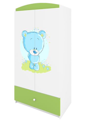 Babydreams garderobeskab til brn med bl bamse , m. 2 lger, 1 skuffe - hvid og grn laminat