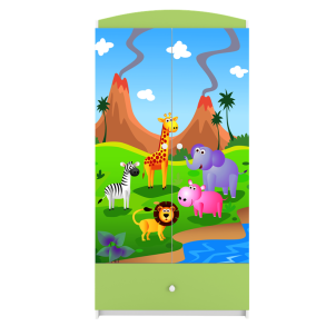 Babydreams garderobeskab til brn med safari dyr, m. 2 lger, 1 skuffe - hvid og grn laminat
