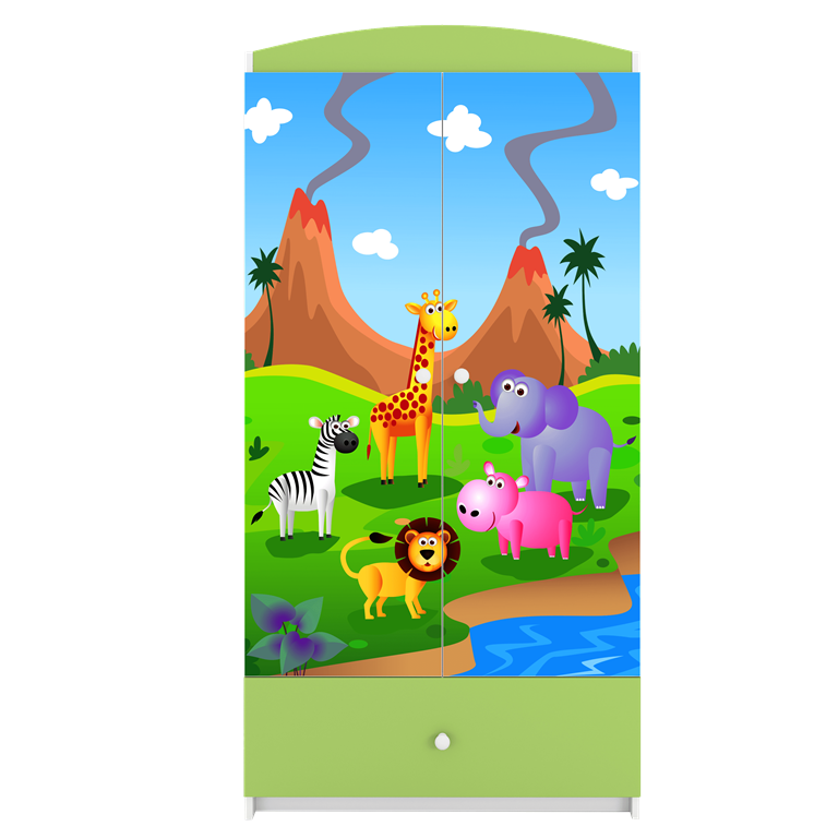 Babydreams garderobeskab til brn med safari dyr, m. 2 lger, 1 skuffe - hvid og grn laminat