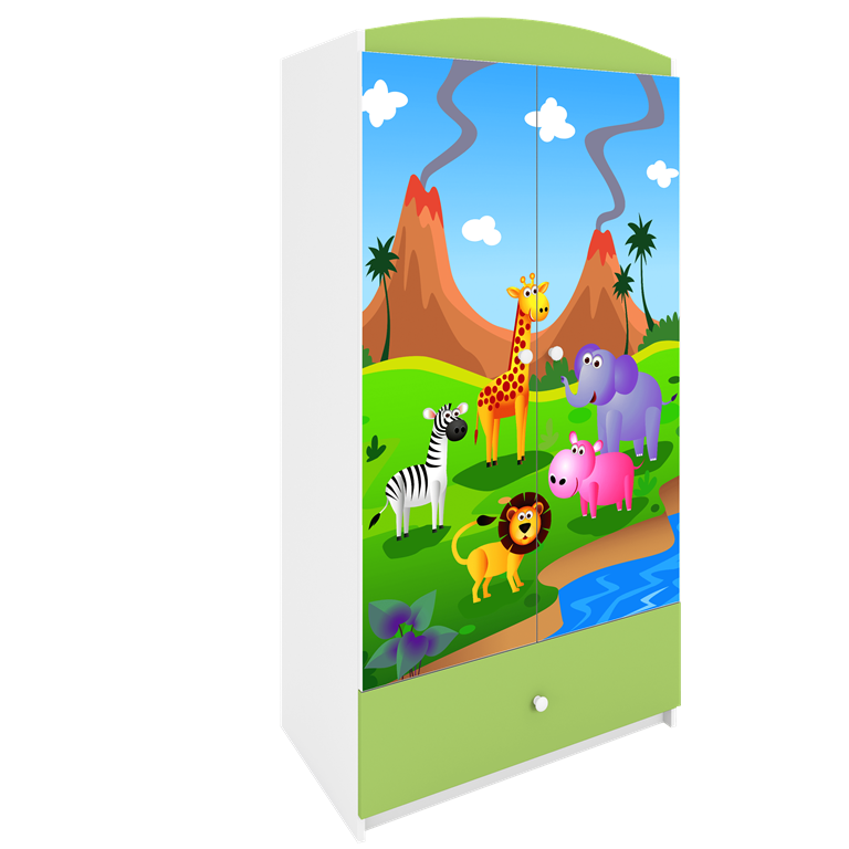 Babydreams garderobeskab til brn med safari dyr, m. 2 lger, 1 skuffe - hvid og grn laminat