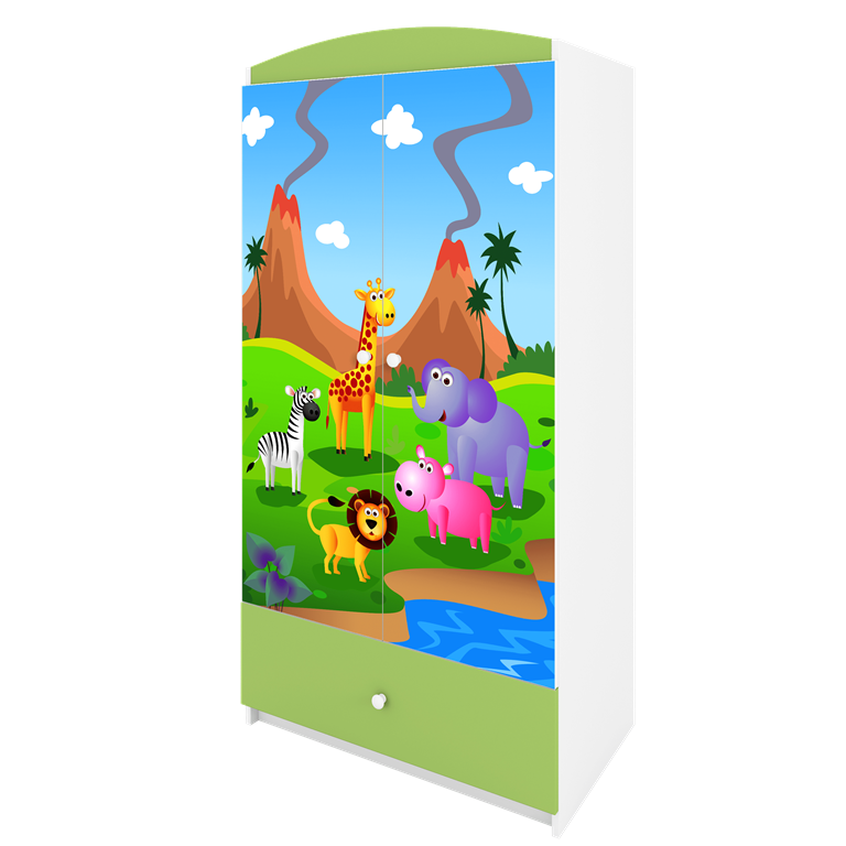Babydreams garderobeskab til brn med safari dyr, m. 2 lger, 1 skuffe - hvid og grn laminat