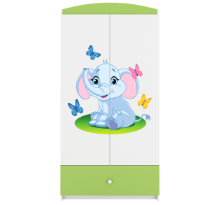Babydreams garderobeskab til brn med elefant, m. 2 lger, 1 skuffe - hvid og grn laminat