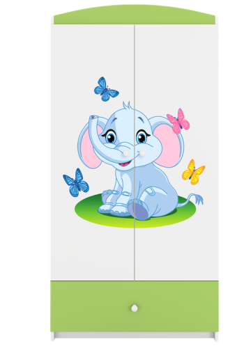 Babydreams garderobeskab til brn med elefant, m. 2 lger, 1 skuffe - hvid og grn laminat
