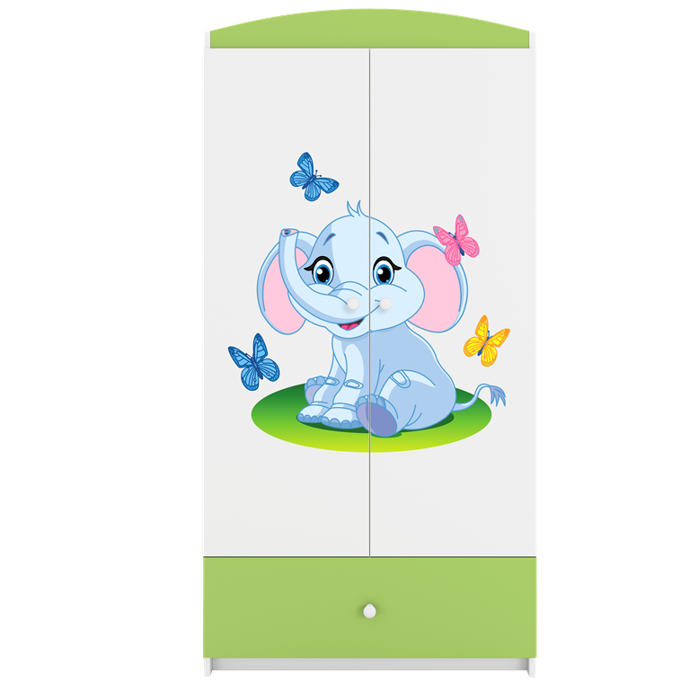 Babydreams garderobeskab til brn med elefant, m. 2 lger, 1 skuffe - hvid og grn laminat