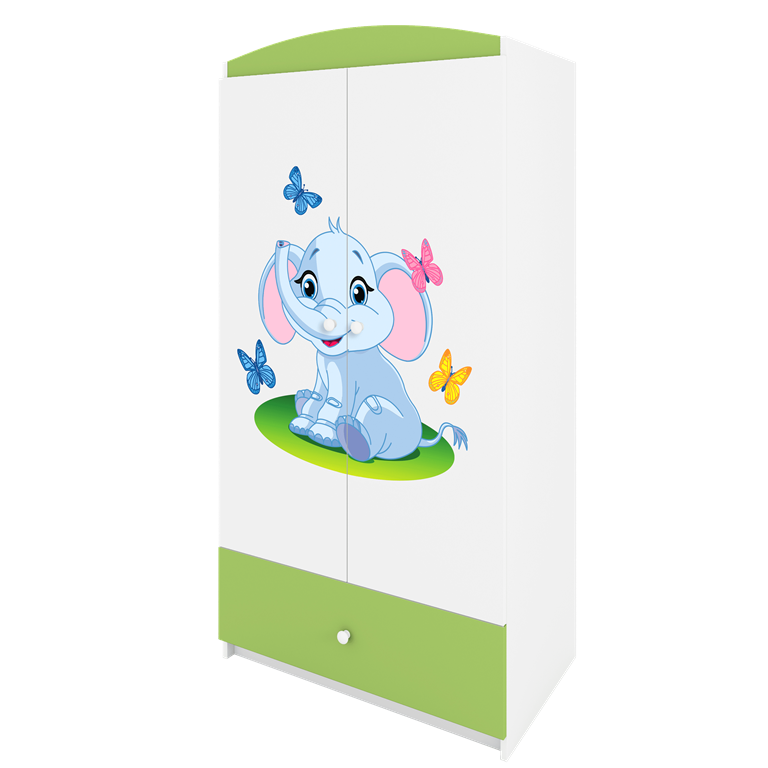 Babydreams garderobeskab til brn med elefant, m. 2 lger, 1 skuffe - hvid og grn laminat