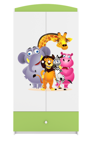 Babydreams garderobeskab til brn med Zoo dyr, m. 2 lger, 1 skuffe - hvid og grn laminat