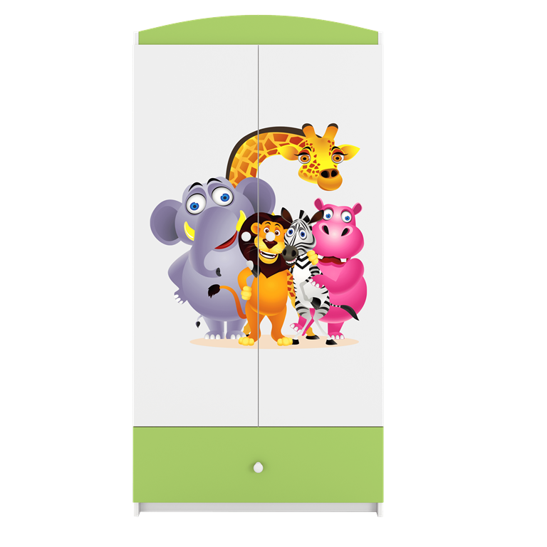 Babydreams garderobeskab til brn med Zoo dyr, m. 2 lger, 1 skuffe - hvid og grn laminat