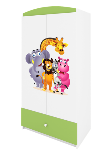 Babydreams garderobeskab til brn med Zoo dyr, m. 2 lger, 1 skuffe - hvid og grn laminat