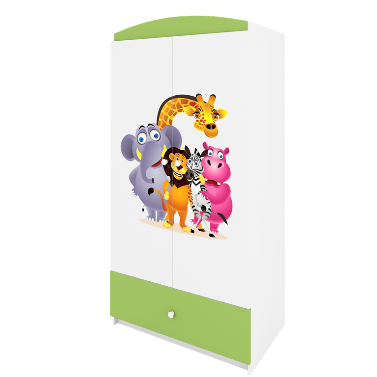 Babydreams garderobeskab til brn med Zoo dyr, m. 2 lger, 1 skuffe - hvid og grn laminat