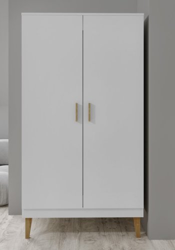 Kubi garderobeskab til brn, m. 2 lger, 1 bjlestang og 5 hylder - hvid spnplade og eg