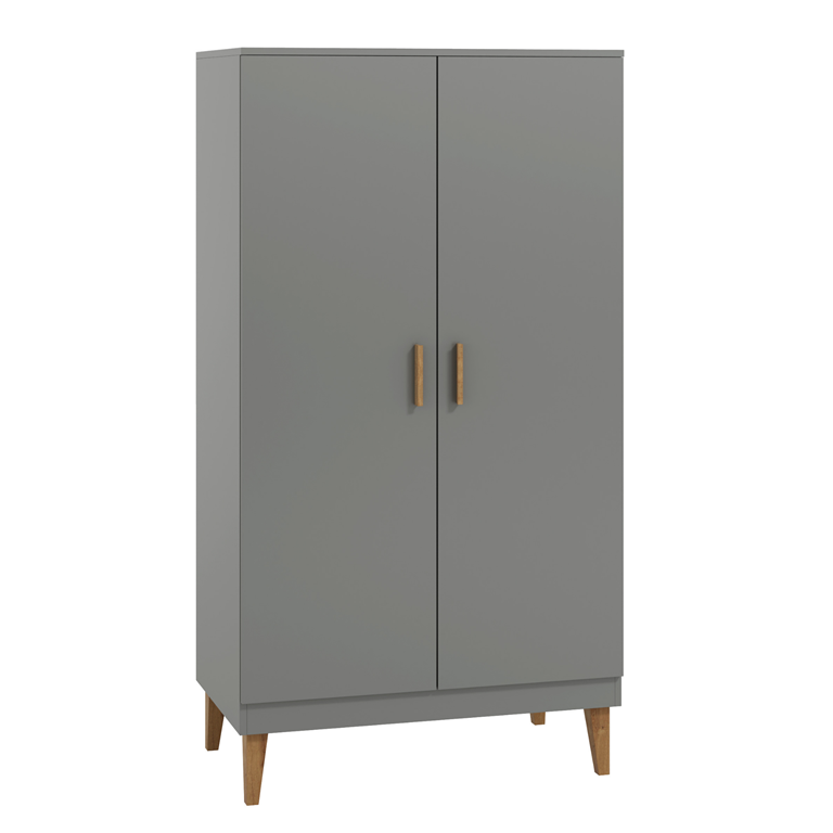 Kubi garderobeskab til brn, m. 2 lger, 1 bjlestang og 5 hylder - gr spnplade og eg