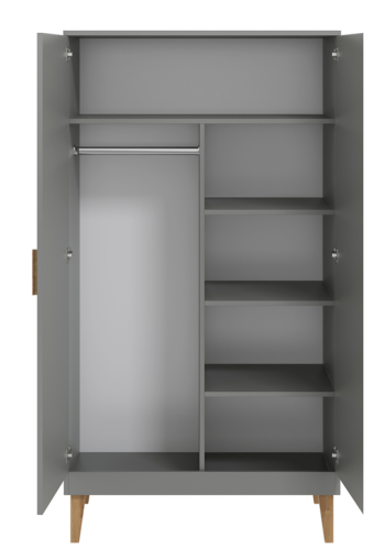 Kubi garderobeskab til brn, m. 2 lger, 1 bjlestang og 5 hylder - gr spnplade og eg