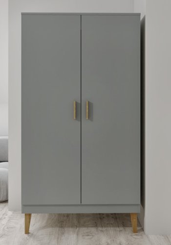 Kubi garderobeskab til brn, m. 2 lger, 1 bjlestang og 5 hylder - gr spnplade og eg