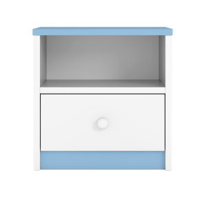 Babydreams sengebord til brn, m. 1 rum og 1 skuffe - hvid og bl laminat (39,5x30,5)