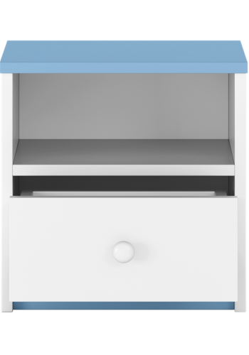 Babydreams sengebord til brn, m. 1 rum og 1 skuffe - hvid og bl laminat (39,5x30,5)