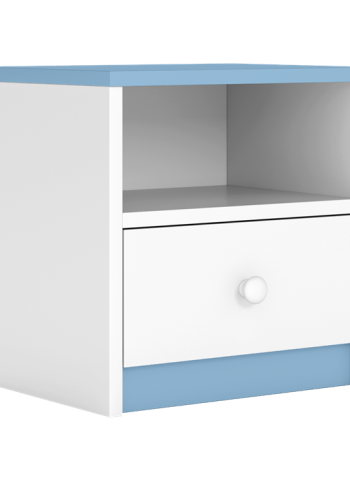 Babydreams sengebord til brn, m. 1 rum og 1 skuffe - hvid og bl laminat (39,5x30,5)