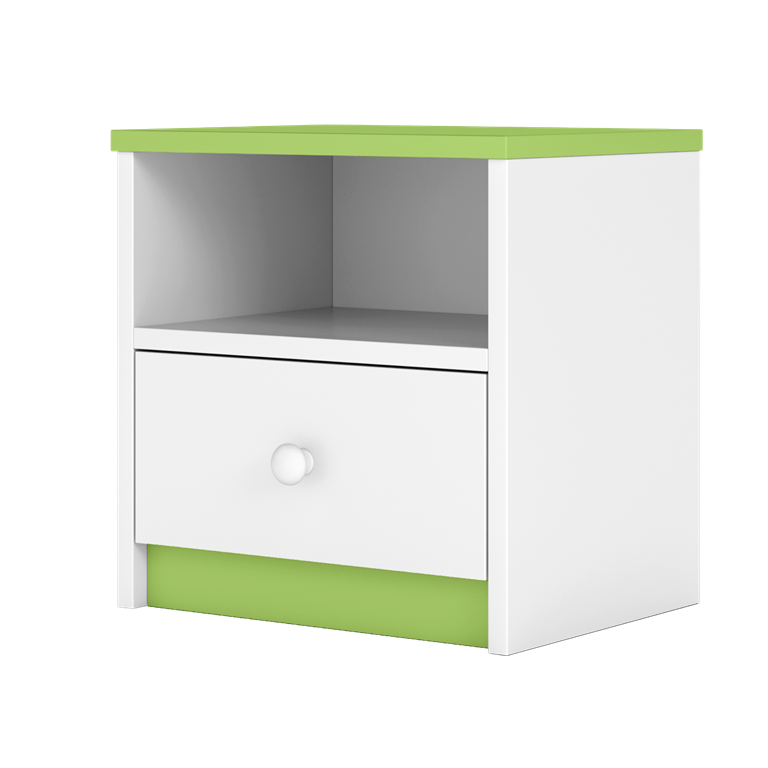 Babydreams sengebord til brn, m. 1 rum og 1 skuffe - hvid og grn laminat (39,5x30,5)