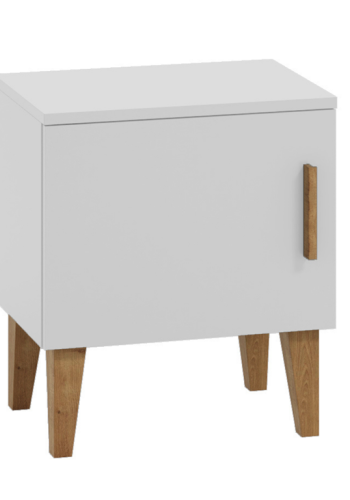 Kubi sengebord til brn, m. 1 lge og 1 hylde - hvid spnplade og eg (50x34)