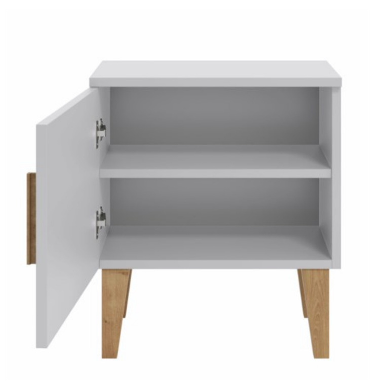 Kubi sengebord til brn, m. 1 lge og 1 hylde - hvid spnplade og eg (50x34)