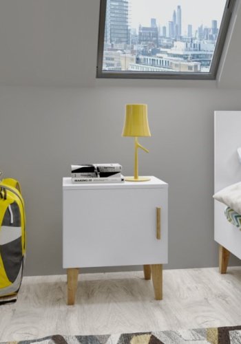 Kubi sengebord til brn, m. 1 lge og 1 hylde - hvid spnplade og eg (50x34)