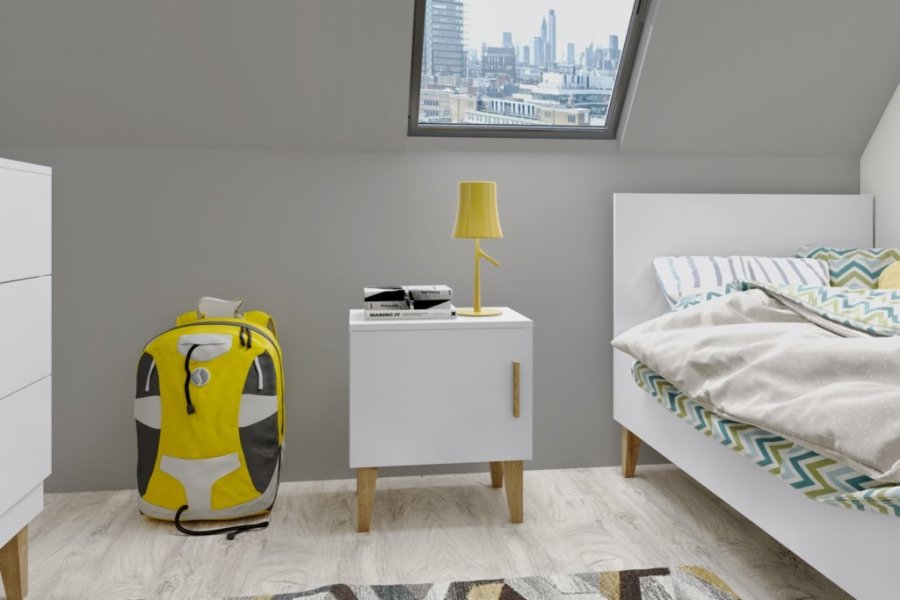 Kubi sengebord til brn, m. 1 lge og 1 hylde - hvid spnplade og eg (50x34)