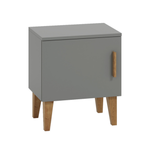 Kubi sengebord til brn, m. 1 lge og 1 hylde - gr spnplade og eg (50x34)