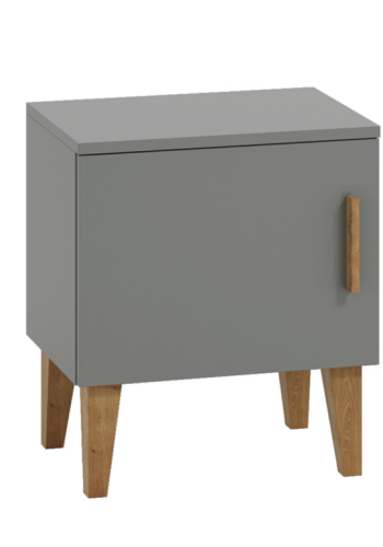 Kubi sengebord til brn, m. 1 lge og 1 hylde - gr spnplade og eg (50x34)