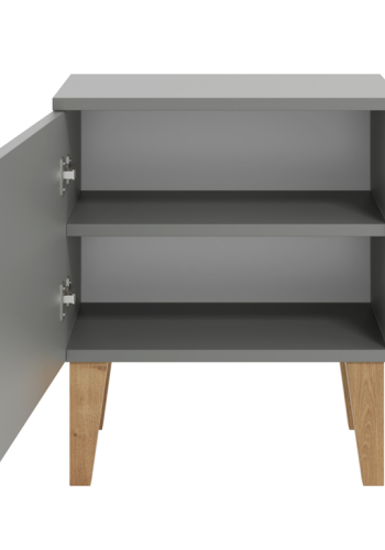 Kubi sengebord til brn, m. 1 lge og 1 hylde - gr spnplade og eg (50x34)