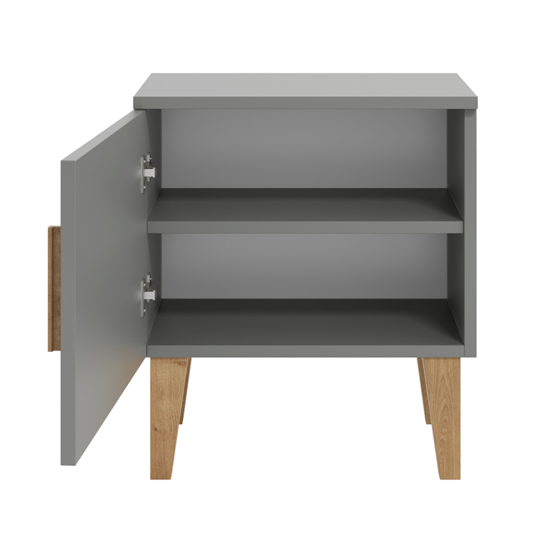 Kubi sengebord til brn, m. 1 lge og 1 hylde - gr spnplade og eg (50x34)